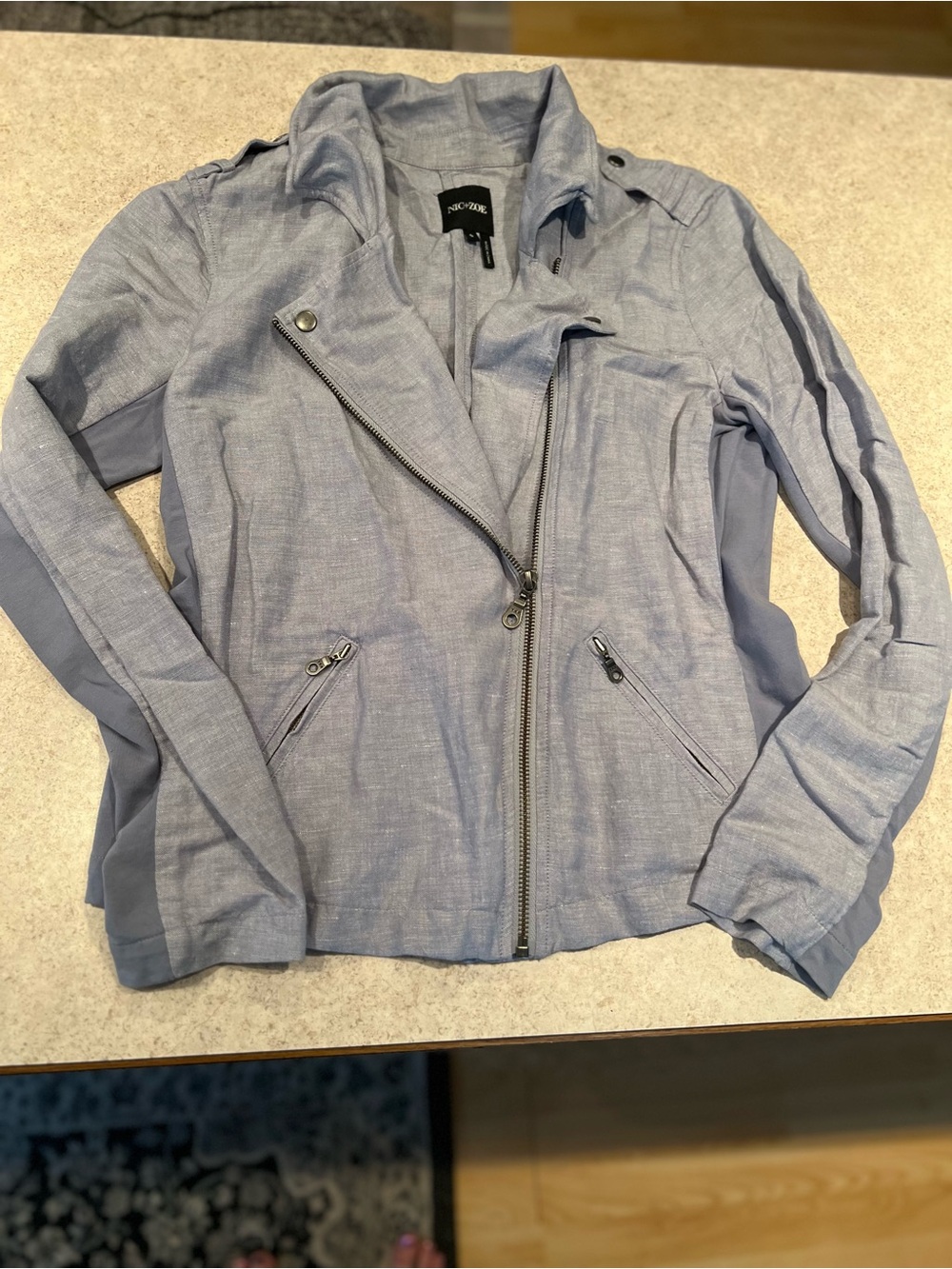 NIC+ZOE Light Blue Asymmetric Zip Moto Jacket